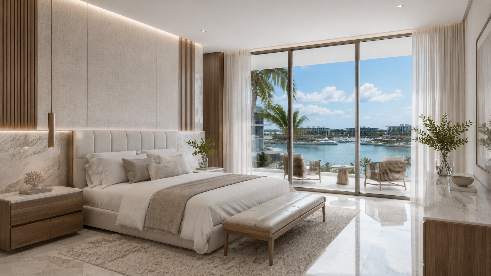 Habitación amueblada con vista al agua para paquete mobiliario YALUZ